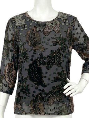 Vintage Jiao Snow Bell Velour & Mesh Floral Top
